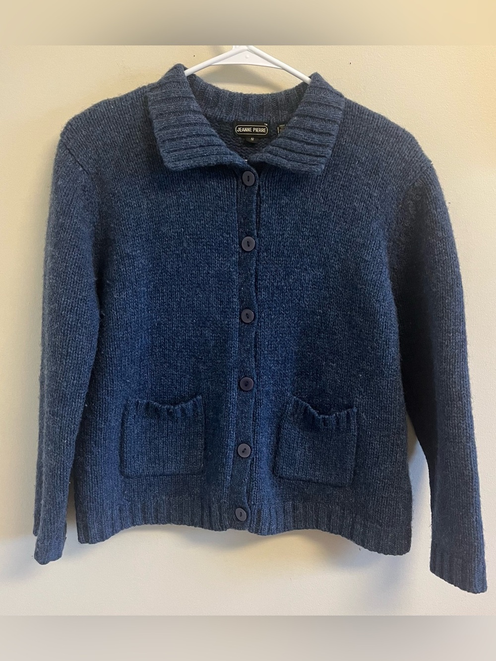 Vintage Womens Cardigan Wool S Blue Collared Button Front Pockets Jeanne Pierre